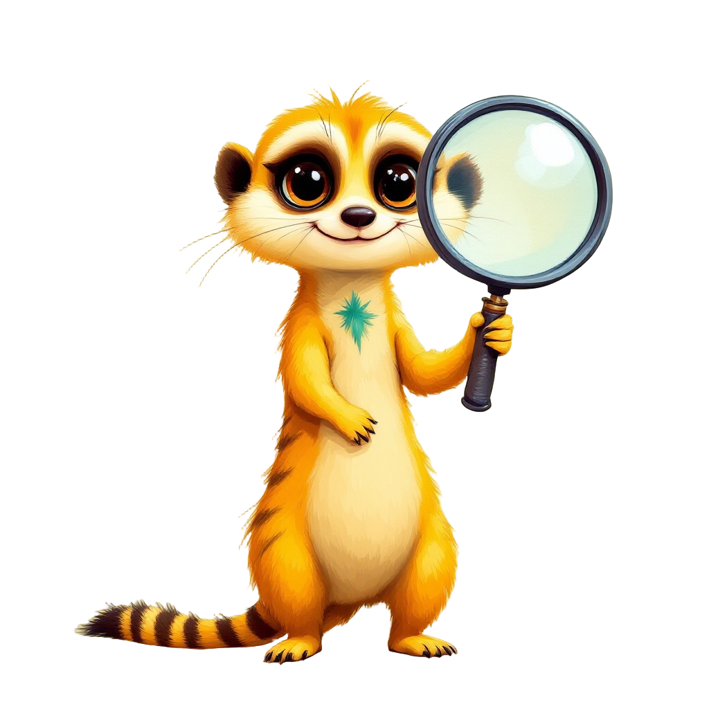 Quest the meerkat, holding her magnifying glass
