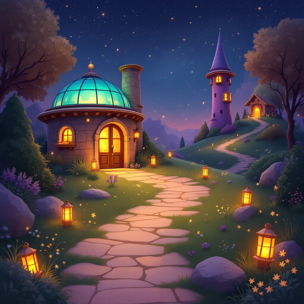 Inside the magic world — a glowing observatory and wizard tower on a lantern-lit path