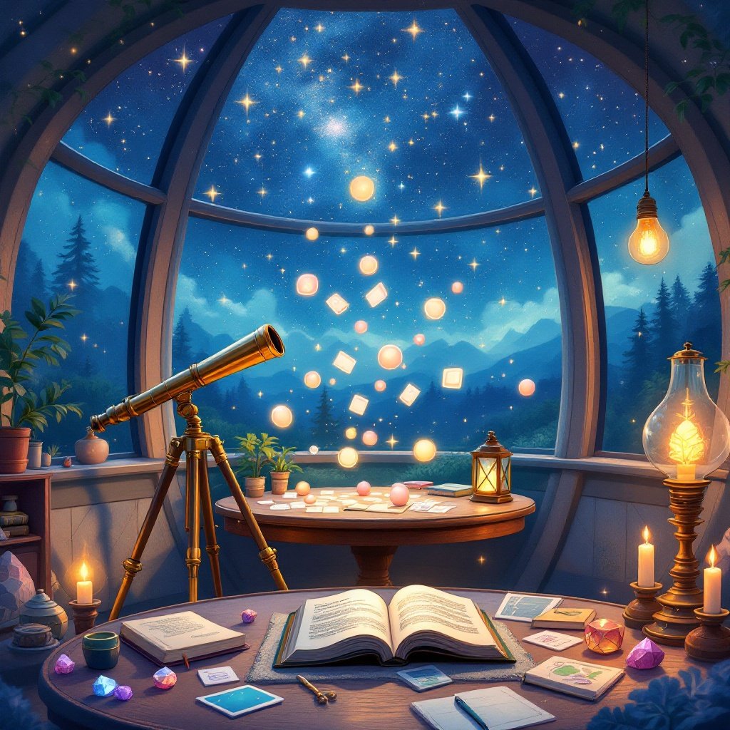 Inside the observatory — glowing cards and orbs to sort, a telescope and an open book