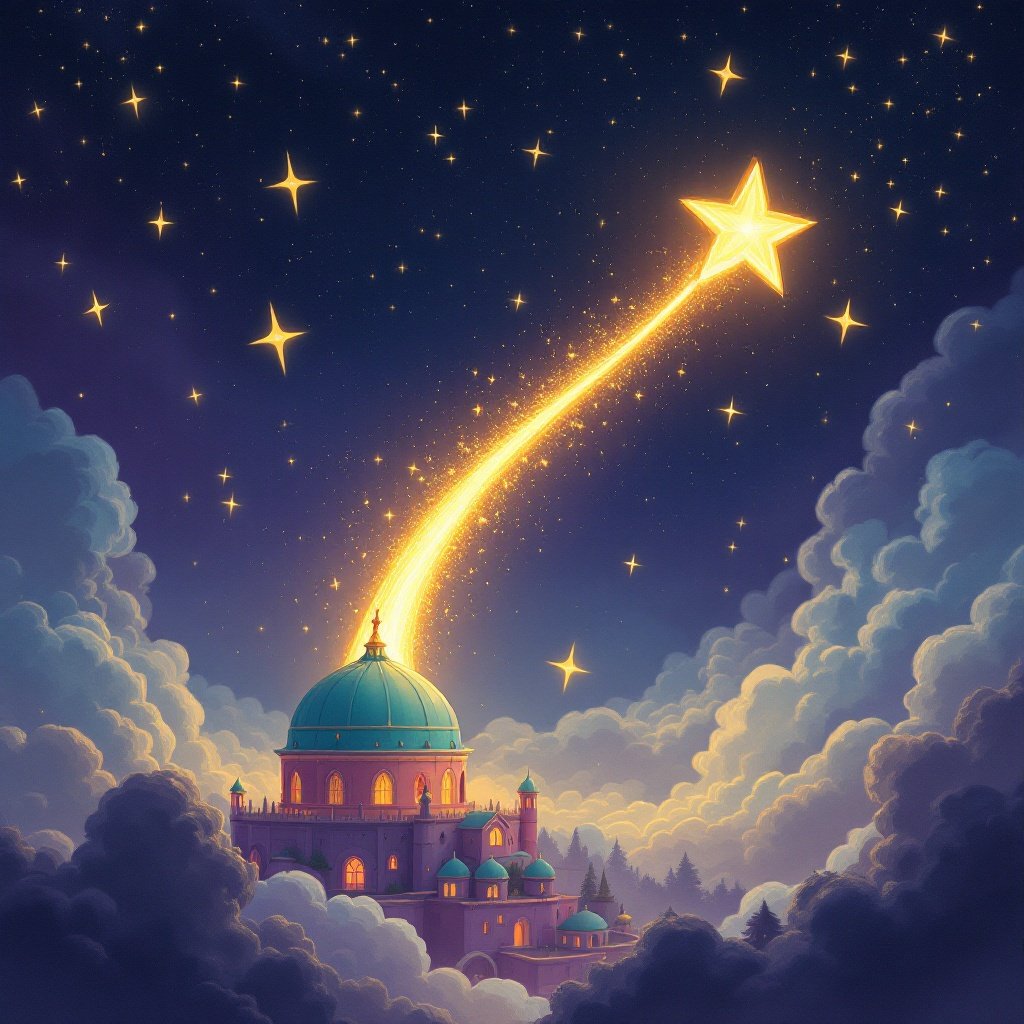 A golden star shooting up into a constellation above the magic world's glowing dome